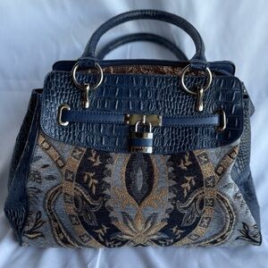 SHARIF 1827 Blue Tapestry Tote Satchel Handbag Croc Embossed Vintage Bag